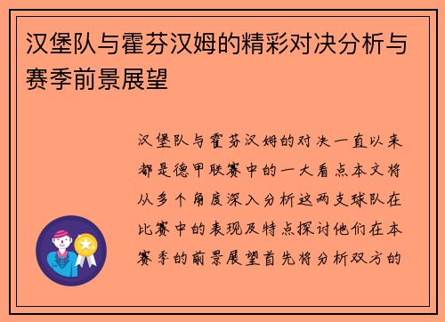 汉堡队与霍芬汉姆的精彩对决分析与赛季前景展望
